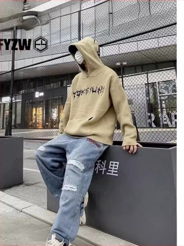 Muški pleteni hoodie s kapuljom, slobodan kroj, jacquard uzorak, 55% pamuk, prozračan