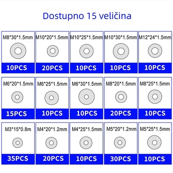 Ravne podloške od nehrđajućeg čelika 304, u kutiji, 230 komada; standard GB97/DIN125; klasa A.