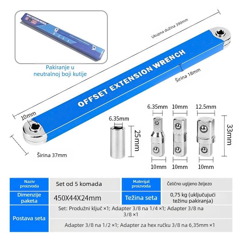 Prošireni višenamjenski univerzalni podesivi produžni ključ s dvostrukom glavom, visokougljični čelik, elektroplatirani