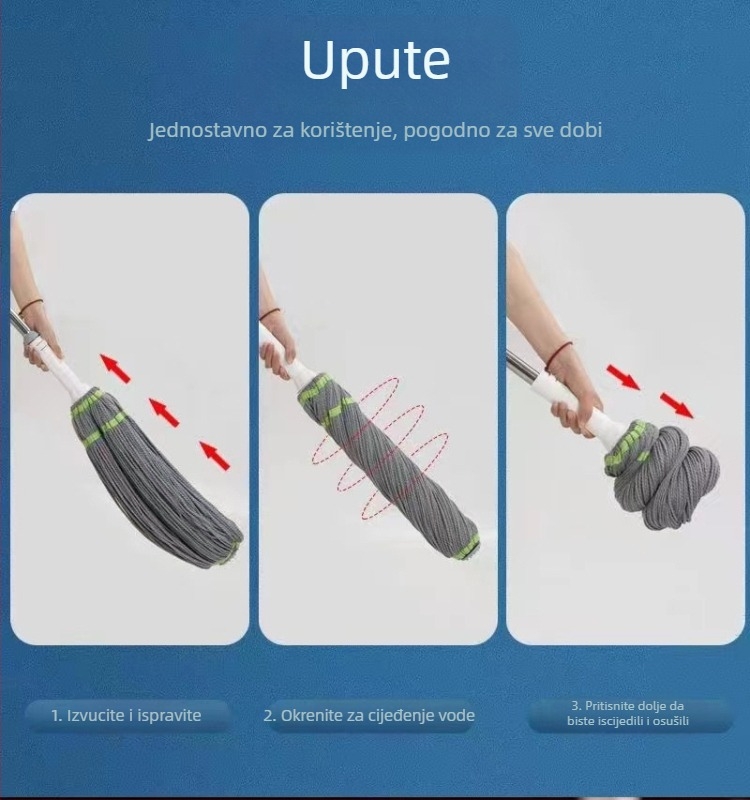 Rotirajući mop s twist mehanizmom – glava od mikrovlakana, nehrđajući čelični nastavak, teleskopska duljina 84–130 cm, postotak iscijeđivanja 80–90%