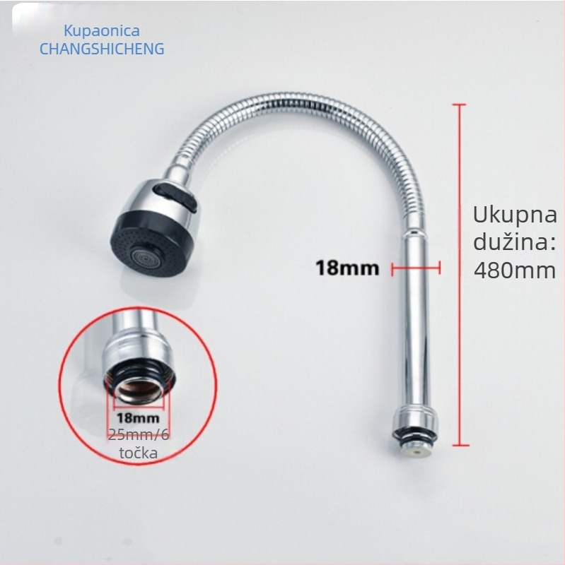 Aerator slavine s univerzalnim rotirajućim zavojem za kuhinju — ABS i nehrđajući čelik, kišna funkcija, ugradnja cijevnim spojem, model FGR545745, radna temperatura 1–90 °C