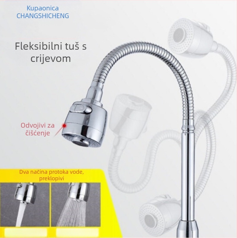 Aerator slavine s univerzalnim rotirajućim zavojem za kuhinju — ABS i nehrđajući čelik, kišna funkcija, ugradnja cijevnim spojem, model FGR545745, radna temperatura 1–90 °C