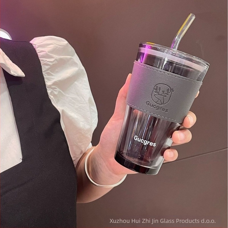 Dvojno staklena čaša za vodu sa slamkom, korejskog stila, vodonepropusna zatvarač