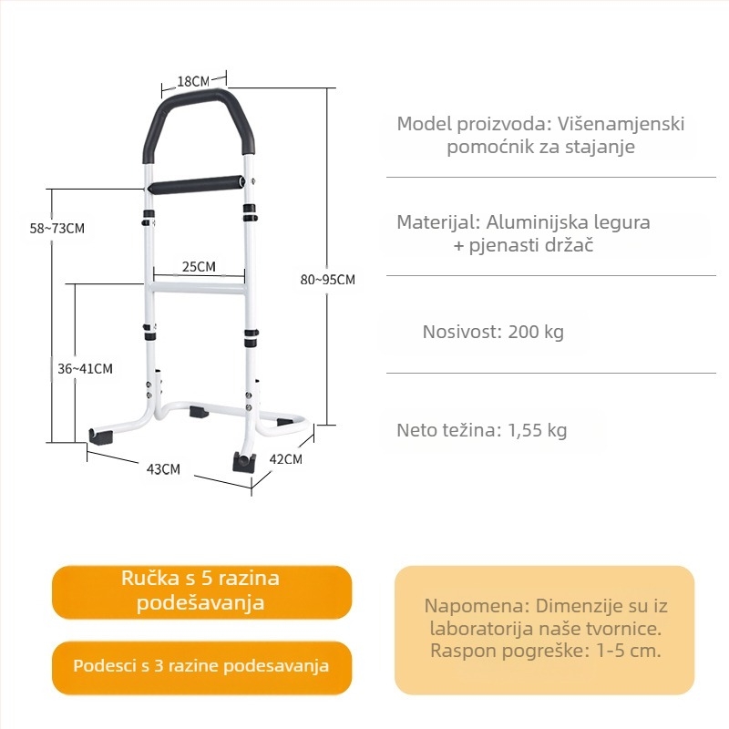 Podrška za ustajanje uz krevet za starije osobe s naslonom za zahod — montaža bez bušenja, aluminijska legura, model YC1226