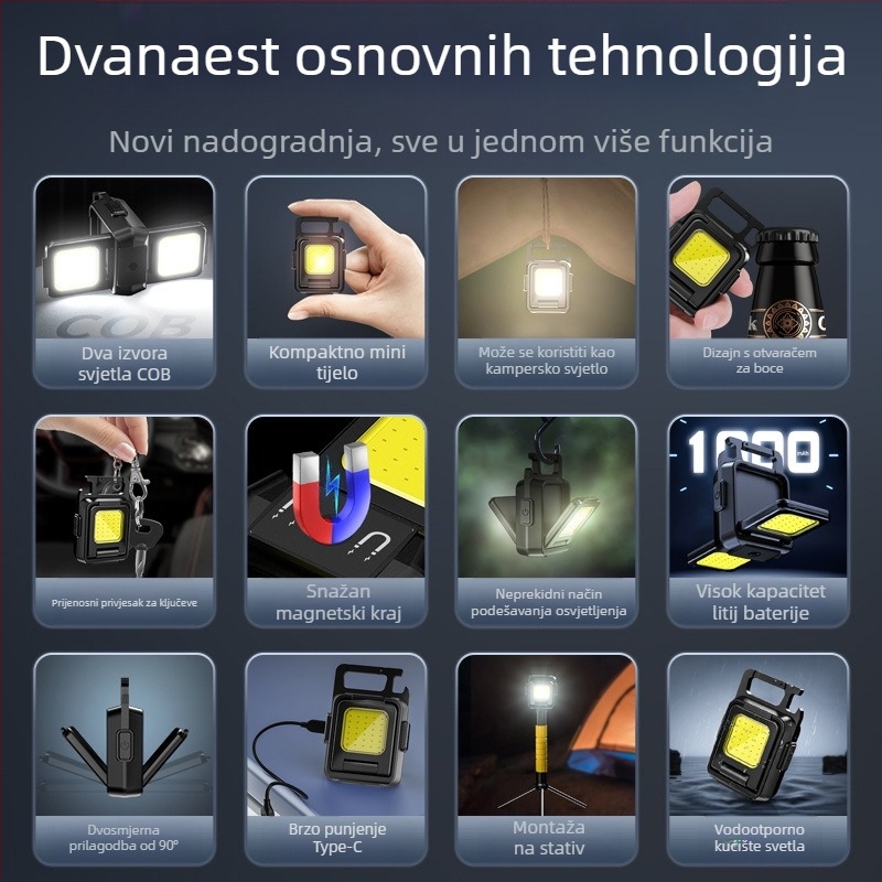 Višenamjensko prijenosno COB mini svjetlo za ključeve s Type-C punjenjem, tijelo od aluminij-plastike, polimerna baterija, COB izvor svjetla, za kampiranje i vanjsku upotrebu