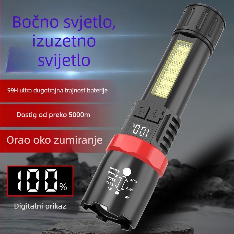 Laser baterijska svjetiljka s USB punjenjem, digitalni zaslon, 5W, domet 100–200 m