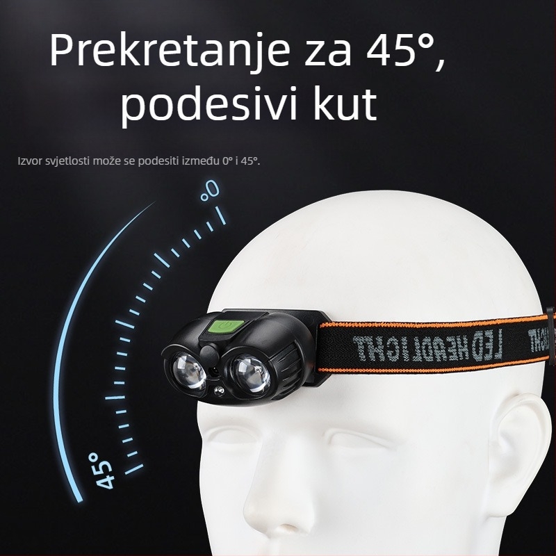 USB punjiva čelna svjetiljka s LED XPG, prijenosna, domet 100–200 m, ugrađena Li‑ion baterija 14500 400 mAh, ručna energija pritiskom