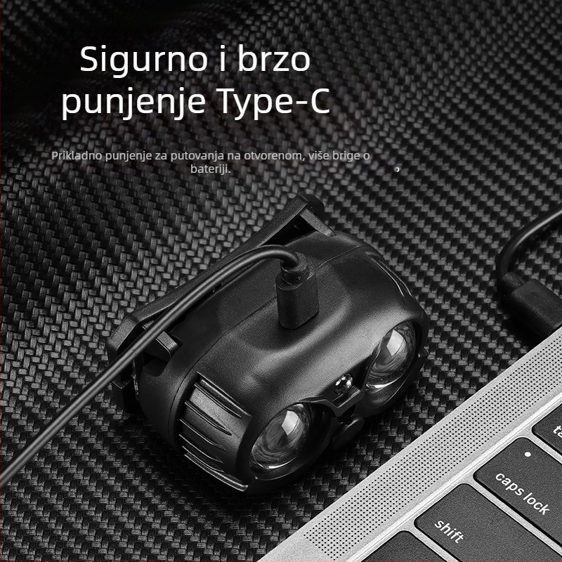 USB punjiva čelna svjetiljka s LED XPG, prijenosna, domet 100–200 m, ugrađena Li‑ion baterija 14500 400 mAh, ručna energija pritiskom