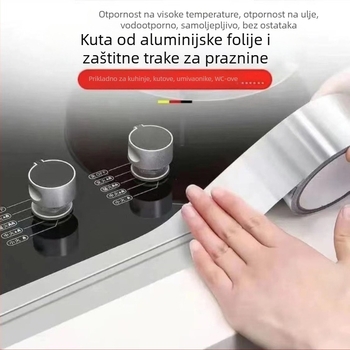 Kuhinjska traka od aluminijske folije, vodootporna i otporna na ulje, protiv plijesni, visoka privlačnost, nositelj: aluminijska folija, debljina 0,07 mm, ljepilo na bazi vode, dugotrajna toplinska otpornost 80°C, kratkotrajna 120°C