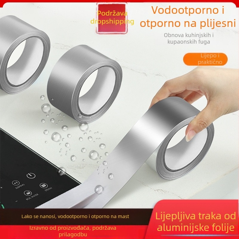 Kuhinjska traka od aluminijske folije, vodootporna i otporna na ulje, protiv plijesni, visoka privlačnost, nositelj: aluminijska folija, debljina 0,07 mm, ljepilo na bazi vode, dugotrajna toplinska otpornost 80°C, kratkotrajna 120°C