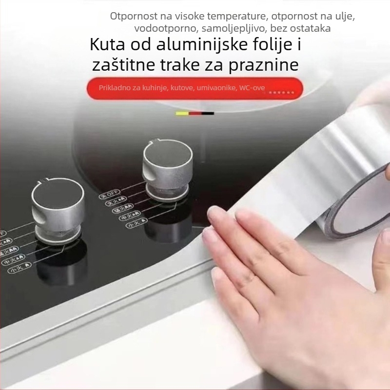Kuhinjska traka od aluminijske folije, vodootporna i otporna na ulje, protiv plijesni, visoka privlačnost, nositelj: aluminijska folija, debljina 0,07 mm, ljepilo na bazi vode, dugotrajna toplinska otpornost 80°C, kratkotrajna 120°C