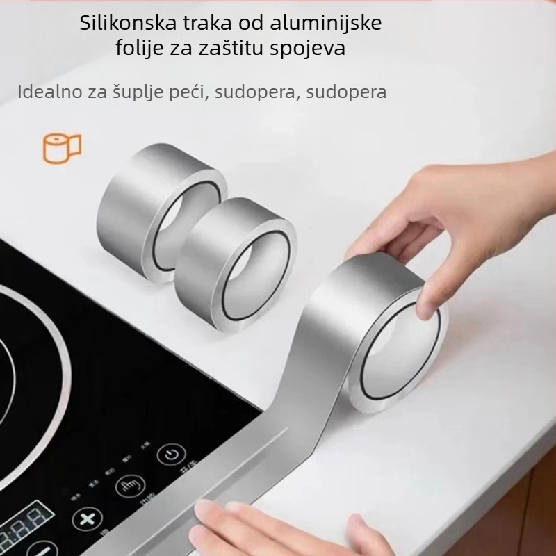 Kuhinjska traka od aluminijske folije, vodootporna i otporna na ulje, protiv plijesni, visoka privlačnost, nositelj: aluminijska folija, debljina 0,07 mm, ljepilo na bazi vode, dugotrajna toplinska otpornost 80°C, kratkotrajna 120°C
