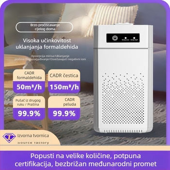 USB stolni pročišćivač zraka s negativnim ionima, uklanjanje formaldehida i mirisa; protok zraka >400 m³/h, buka <36 dB, USB napajanje, aktivni ugljen, UV i ozon, pokrivenost 61 m²+