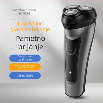 Električni brijač s troglavom plivajućom rotacijskom glavom; periva glava; ugrađena baterija 500–800 mAh; 3W motor; autonomia do 60 minuta.