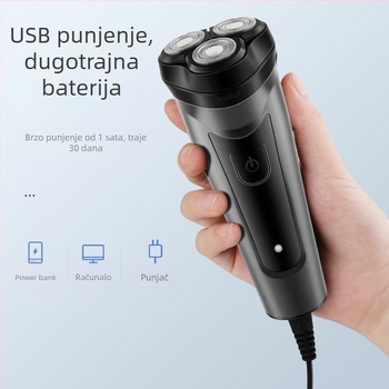 Električni brijač s troglavom plivajućom rotacijskom glavom; periva glava; ugrađena baterija 500–800 mAh; 3W motor; autonomia do 60 minuta.