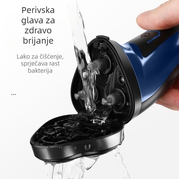 Električni brijač s troglavom plivajućom rotacijskom glavom; periva glava; ugrađena baterija 500–800 mAh; 3W motor; autonomia do 60 minuta.