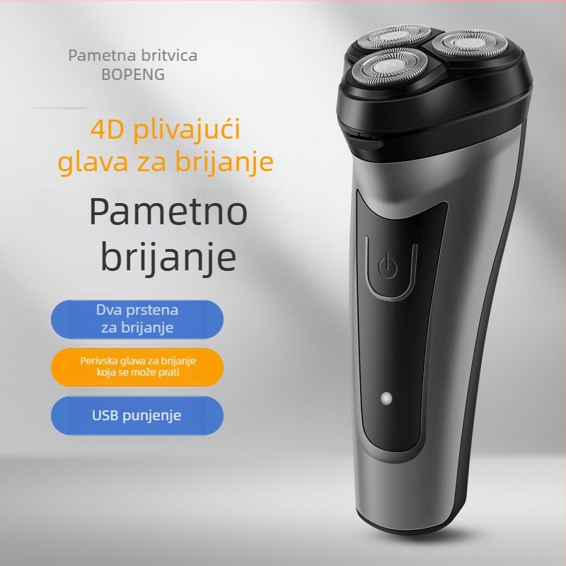 Električni brijač s troglavom plivajućom rotacijskom glavom; periva glava; ugrađena baterija 500–800 mAh; 3W motor; autonomia do 60 minuta.
