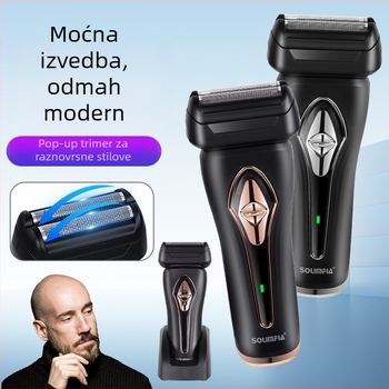  Električni brijač s recipročnom glavom i dvostrukim noževima; potpuno periv; LED zaslon; USB punjenje; trajanje baterije 1 sat.