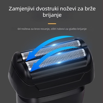  Električni brijač s recipročnom glavom i dvostrukim noževima; potpuno periv; LED zaslon; USB punjenje; trajanje baterije 1 sat.