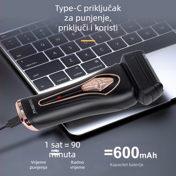  Električni brijač s recipročnom glavom i dvostrukim noževima; potpuno periv; LED zaslon; USB punjenje; trajanje baterije 1 sat.