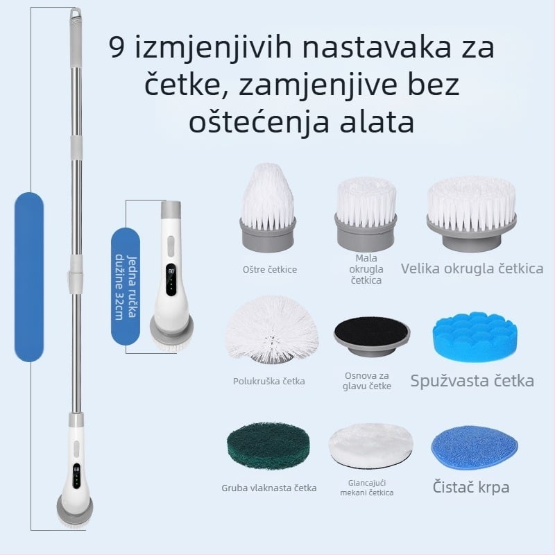Električna četka za čišćenje s 9 glavama, bežično punjenje, teleskopska, za kuhinju i kupaonicu