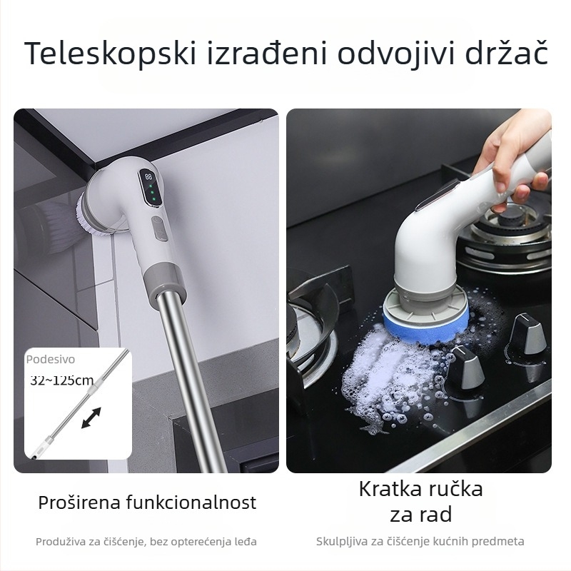 Električna četka za čišćenje s 9 glavama, bežično punjenje, teleskopska, za kuhinju i kupaonicu