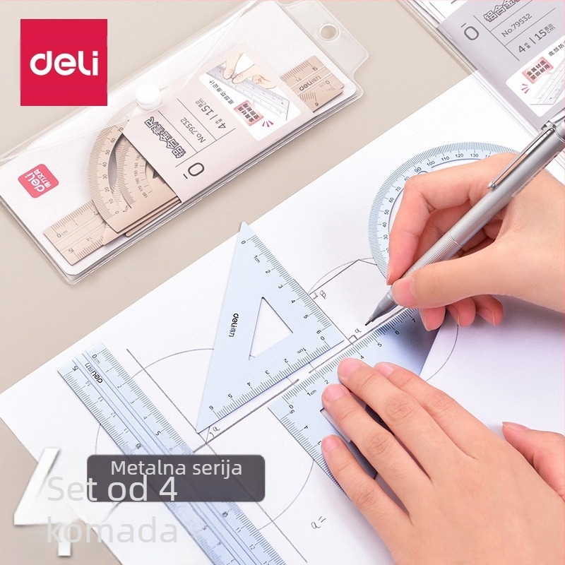 Deli 79532 metalni set ravnala s kutomjerom, za učenike, od aluminijske legure