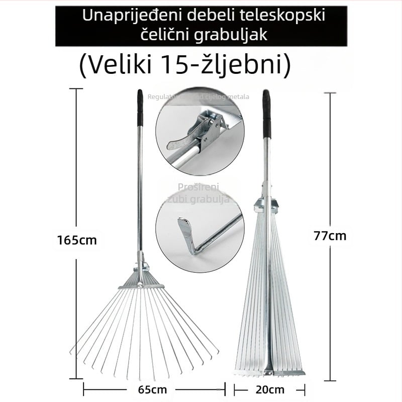 Proširiva grabljica za travu od nehrđajućeg čelika, podesiva, s višezubnim dizajnom, model DCAO-003