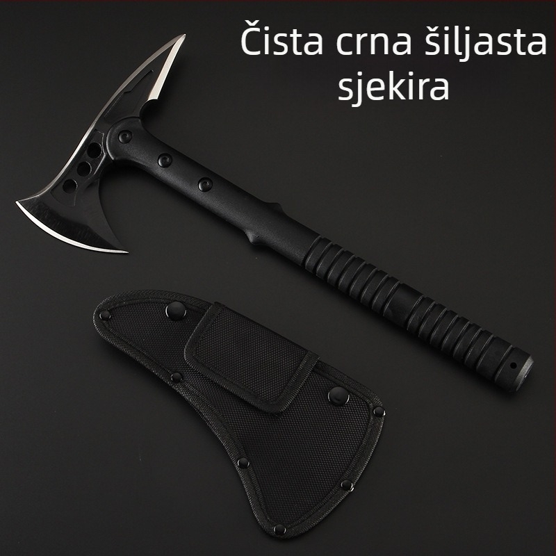 Taktička sjekira za preživljavanje s glavom čekića, vrh za gašenje požara, 420 nehrđajući čelik, tvrdoća 55–57 HRC