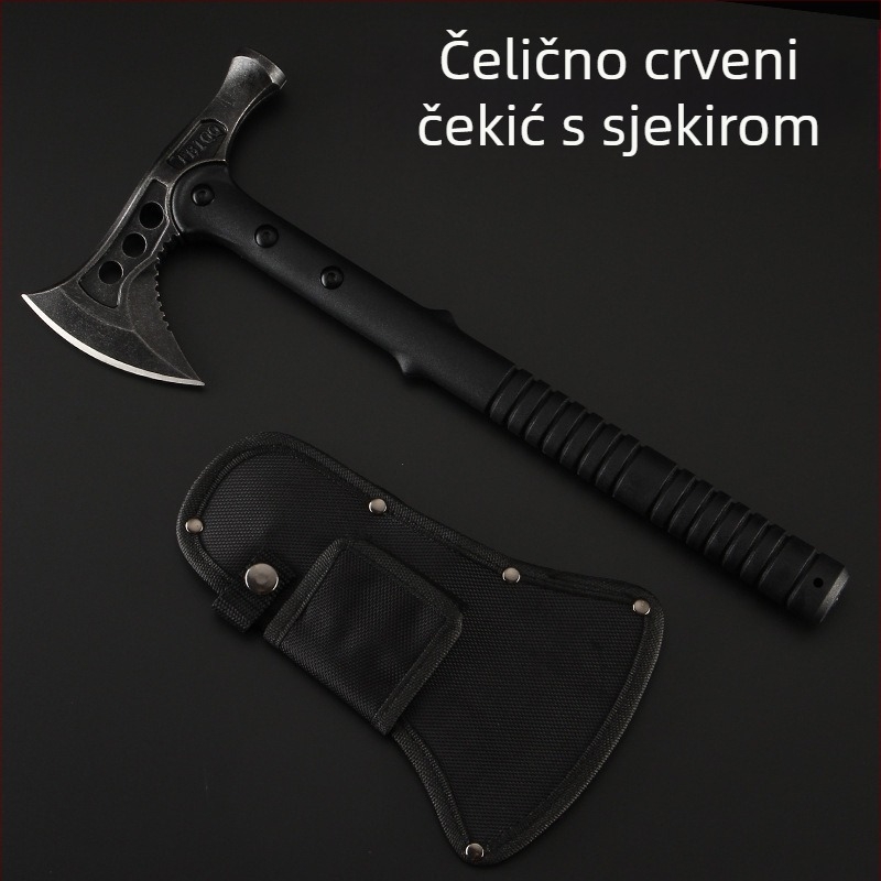 Taktička sjekira za preživljavanje s glavom čekića, vrh za gašenje požara, 420 nehrđajući čelik, tvrdoća 55–57 HRC