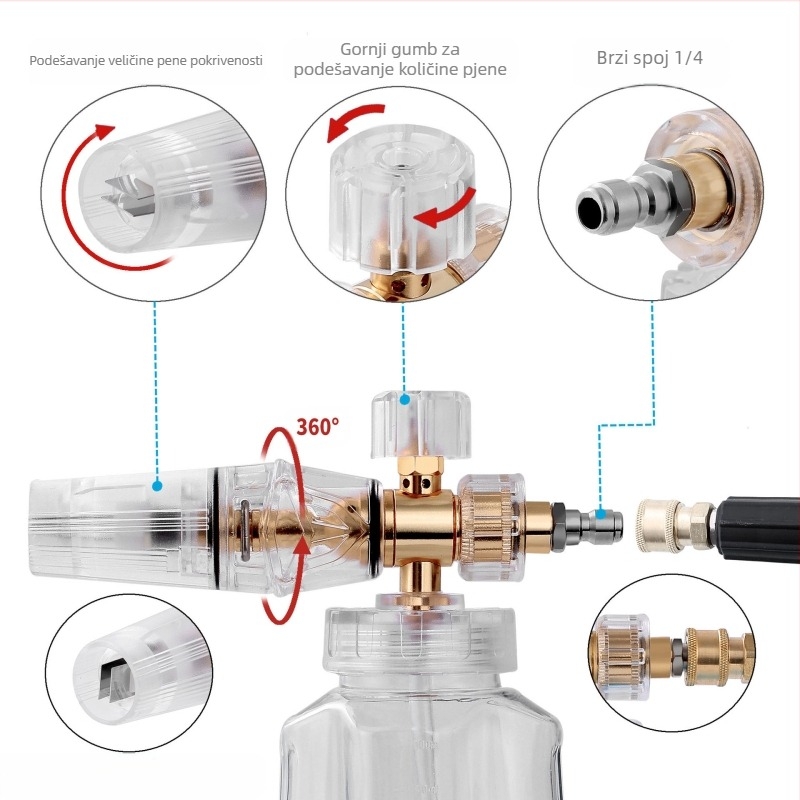 Pjena sprej boca s visokotlačnim vodnim pištoljem, prozirna mlaznica u obliku ventilatora, elektroplatiranje legura