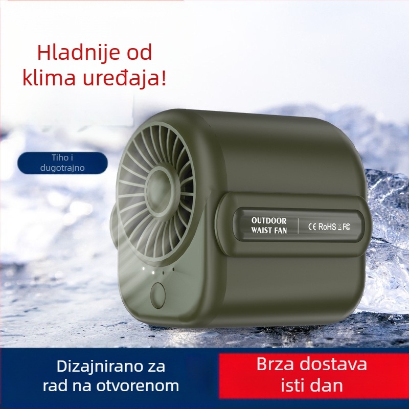 Prijenosni ventilator za vrat/pojas, vanjska upotreba, USB punjenje, ugrađena baterija 6000mAh, 5 lopatica, 4 brzine