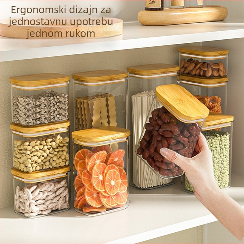 Plastični kuhinjski spremnik za žitarice i suhe namirnice, proziran, kvadratnog oblika, kapacitet 800–1000 ml, moderan minimalistički dizajn