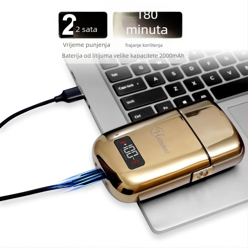 Muški električni brijač s LCD zaslonom, plivajućom glavom, dvostrukom reznom glavom, ugrađena baterija 500–800 mAh, trajanje rada preko 60 minuta.