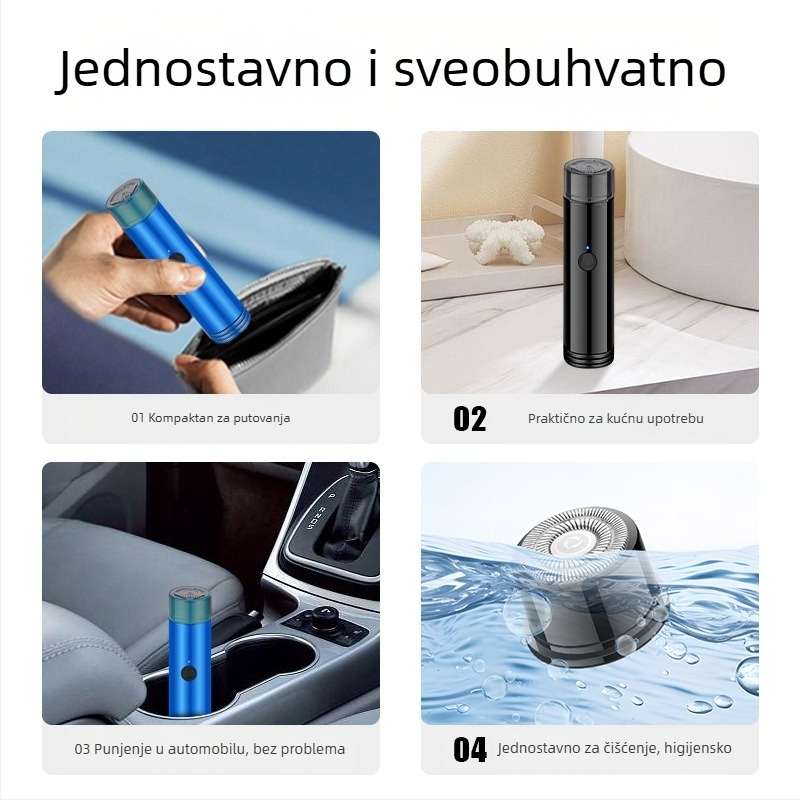Geelyilai Mini Električni Brijač JLL022 – rotirajuća glava s jednom oštricom, ugrađena baterija 300–500 mAh, trajanje rada preko 60 minuta, glava se može ukloniti i isprati