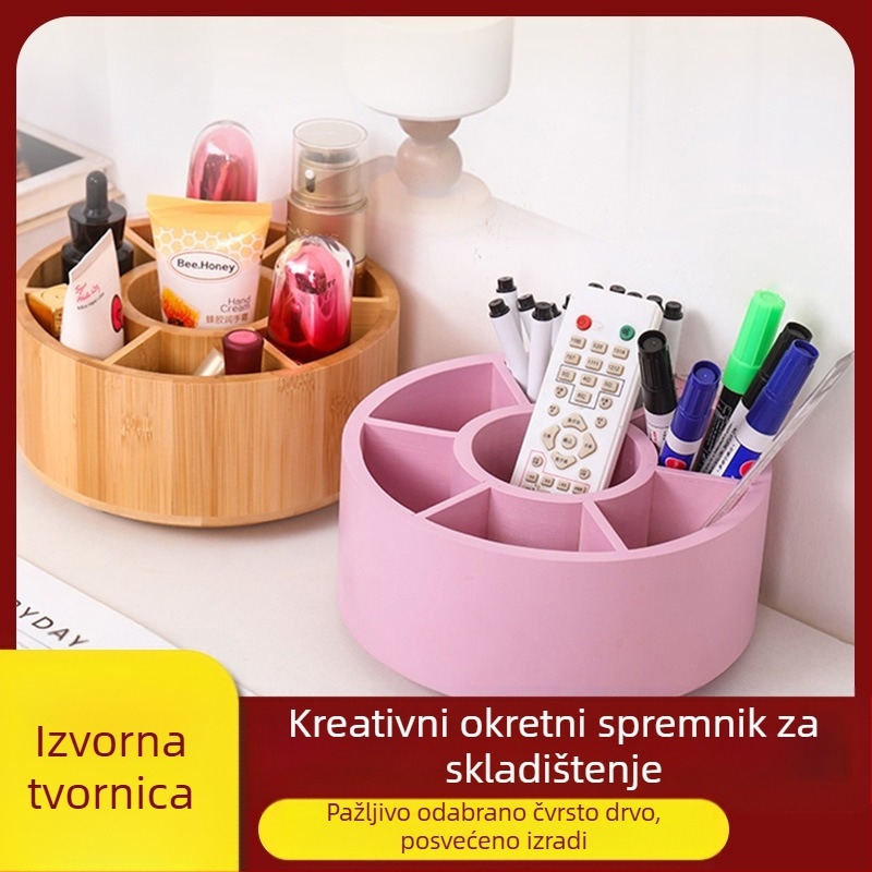 Drveni okretni organizator za stol s višestrukim pretincima, okruglog dizajna