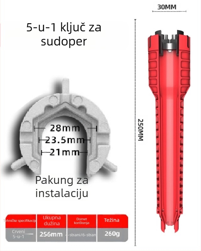 Ključ za cijevi za umivaonik, S2 alatni čelik, plastični premaz, za ugradnju slavina i kutnih ventila