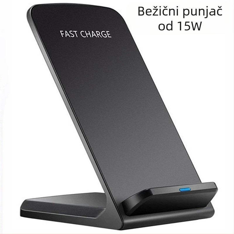 Stolni bežični punjač za telefon s držačem — uspravni položaj, dvostruke zavojnice, QC3.0, do 15W max, izlaz 10W