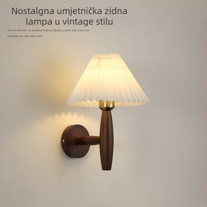 Plisirana masivna drvena zidna svjetiljka, skandinavski stil, topla svjetlost, japanski Wabi-Sabi retro