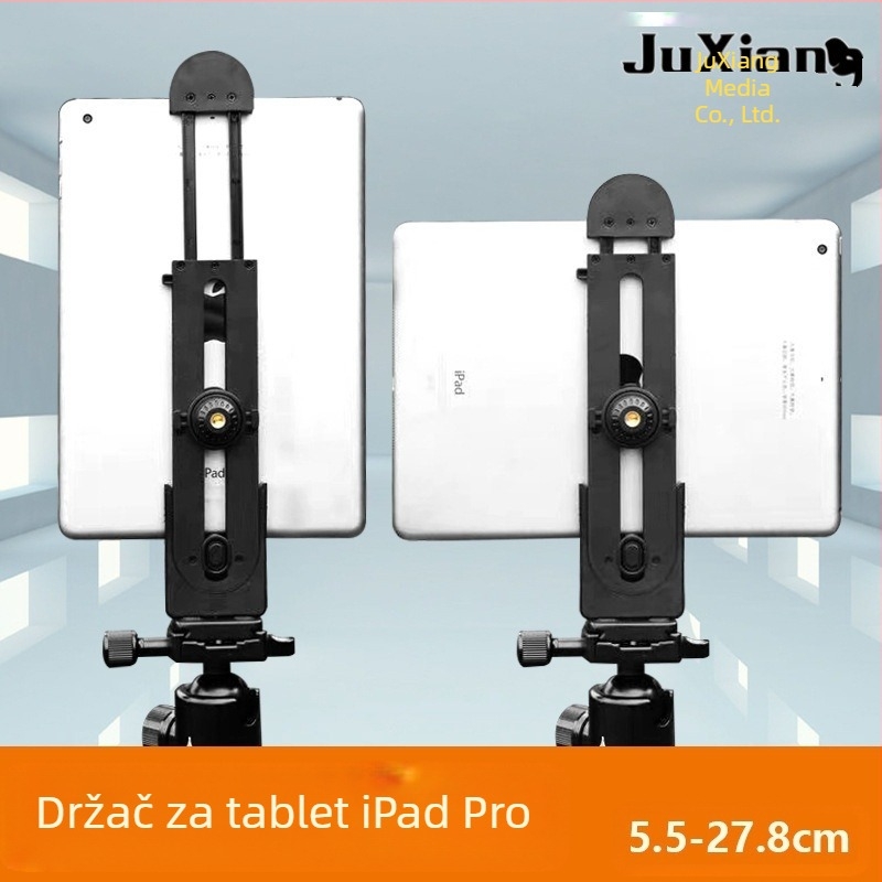 Držač za tablet s ravnim klipom, ABS, maksimalno opterećenje do 2 kg, vertikalno/horizontalno držanje, kompatibilan s iPadom i pametnim telefonima, dodatak za tripod