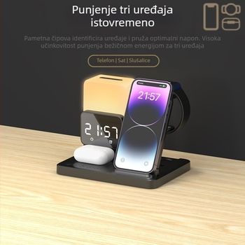 Stolni sklopivi bežični punjač s ambijentalnim noćnim svjetlom — šest u jedan, magnetsko punjenje, Qi/QC3.0, do 15W, kompatibilan s iPhone, Apple Watch i AirPods
