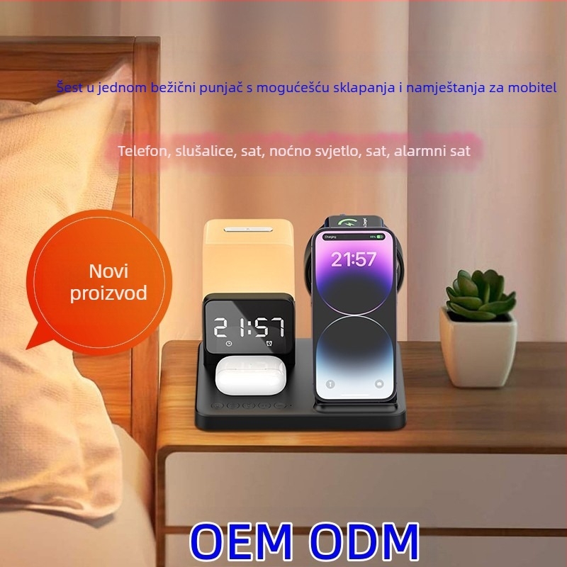Stolni sklopivi bežični punjač s ambijentalnim noćnim svjetlom — šest u jedan, magnetsko punjenje, Qi/QC3.0, do 15W, kompatibilan s iPhone, Apple Watch i AirPods