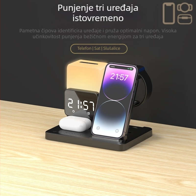 Stolni sklopivi bežični punjač s ambijentalnim noćnim svjetlom — šest u jedan, magnetsko punjenje, Qi/QC3.0, do 15W, kompatibilan s iPhone, Apple Watch i AirPods