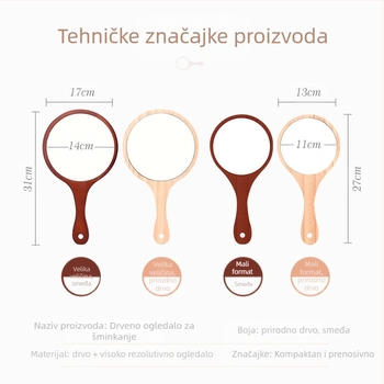 Držačko ogledalo za šminku s drvenim okvirom, kružno srebrno ogledalo, za spavaću sobu, mogućnost tiskanja logotipa