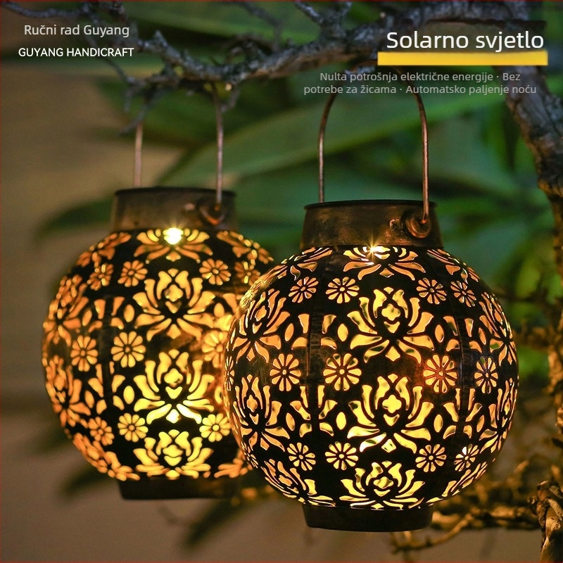 Kovani željezni solarni lanter za vrt s otvorenom kuglom u obliku tikve, LED toplo svjetlo, IP44, za vanjsku uporabu