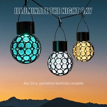 Solarna LED vanjska viseća svjetiljka, šuplja sfera, IP65, LED diode, 1.2V, 6–12h osvjetljenja