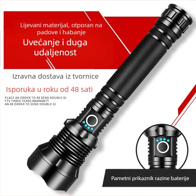 Taktička LED baterijska svjetiljka – četverojezgrena, punjiva, zumiranje zrake, tijelo od aluminijskog legura, domet 200–500 m