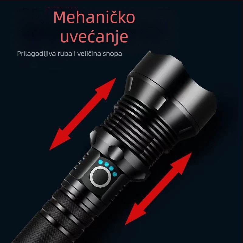 Taktička LED baterijska svjetiljka – četverojezgrena, punjiva, zumiranje zrake, tijelo od aluminijskog legura, domet 200–500 m