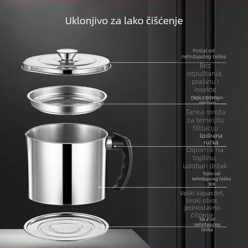 Posuda za ulje od 304 nehrđajućeg čelika, otporna na curenje, s poklopcem i filtrnom mrežicom za kuhinju