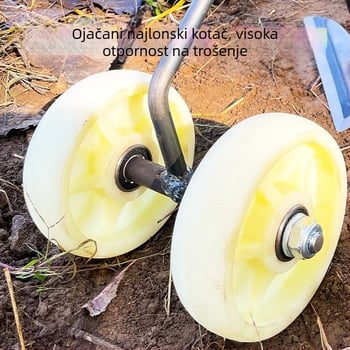 Trojedini alat za uklanjanje korova s dvokolesnim pogonom: otpuštanje tla, stvaranje brazdi i gnojidba povrća.